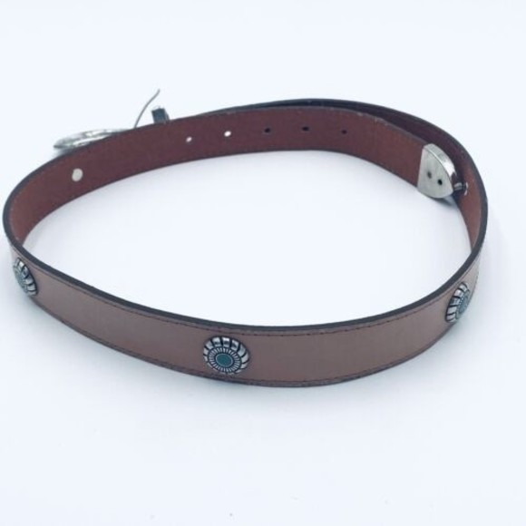 Omega Leather Belt Tan with Silver Tone & Aqua Detail Size Large Vintage Taiwan - Picture 7 of 8